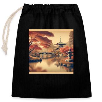 Japan Vintage Teich Abend - Verschließbarer Geschenkbeutel aus Baumwolle (25x30cm) - Schwarz - Vorne