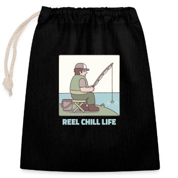 Drôle de bobine Chill Life Jeu de mots sur la pêche - Sac cadeau en coton avec cordon (25 x 30 cm) - noir - Devant