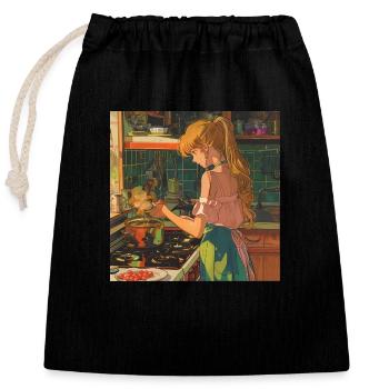 80s anime girl calming high quality fashion print - Closable cotton gift bag (25x30cm) - black - Front