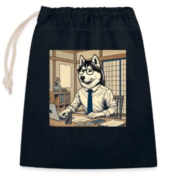Husky au bureau - Ukiyo-e Style - Sac cadeau en coton avec cordon (25 x 30 cm) - bleu marine - Devant