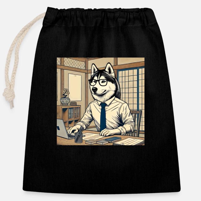 Husky am Schreibtisch - Ukiyo-e Stil - Verschließbarer Geschenkbeutel aus Baumwolle (25x30cm) - Schwarz