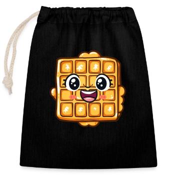Cute kawaii waffle with happy face - Closable cotton gift bag (25x30cm) - black - Front