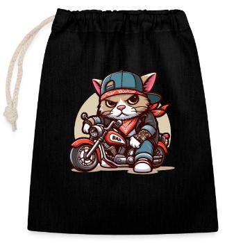 Forced Cat: Motorrad-Tyrann - Verschließbarer Geschenkbeutel aus Baumwolle (25x30cm) - Schwarz - Vorne