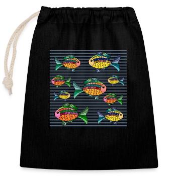 Fische - Verschließbarer Geschenkbeutel aus Baumwolle (25x30cm) - Schwarz - Vorne
