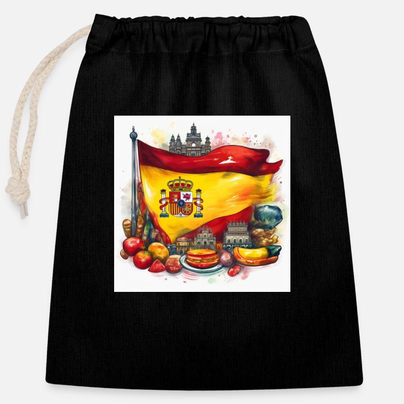 Spain Flag with Traditional Cuisine Design - Closable cotton gift bag (25x30cm) - black