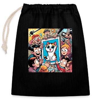 Excitement over the Cat Drawing - Closable cotton gift bag (25x30cm) - black - Front
