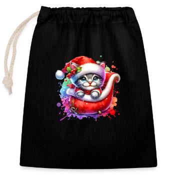 Chat mignon Noël - Sac cadeau en coton avec cordon (25 x 30 cm) - noir - Devant