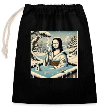 Mona Lisa buvant du saké dans un onsen - Sac cadeau en coton avec cordon (25 x 30 cm) - noir - Devant