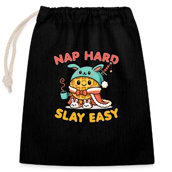Cute Kawaii Waffle Warrior – Nap Hard, Slay Easy - Closable cotton gift bag (25x30cm) - black - Front