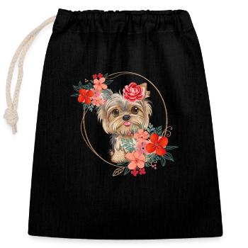 Frühlingsdesign - Yorkshire Terrier im Blumenkranz - Verschließbarer Geschenkbeutel aus Baumwolle (25x30cm) - Schwarz - Vorne