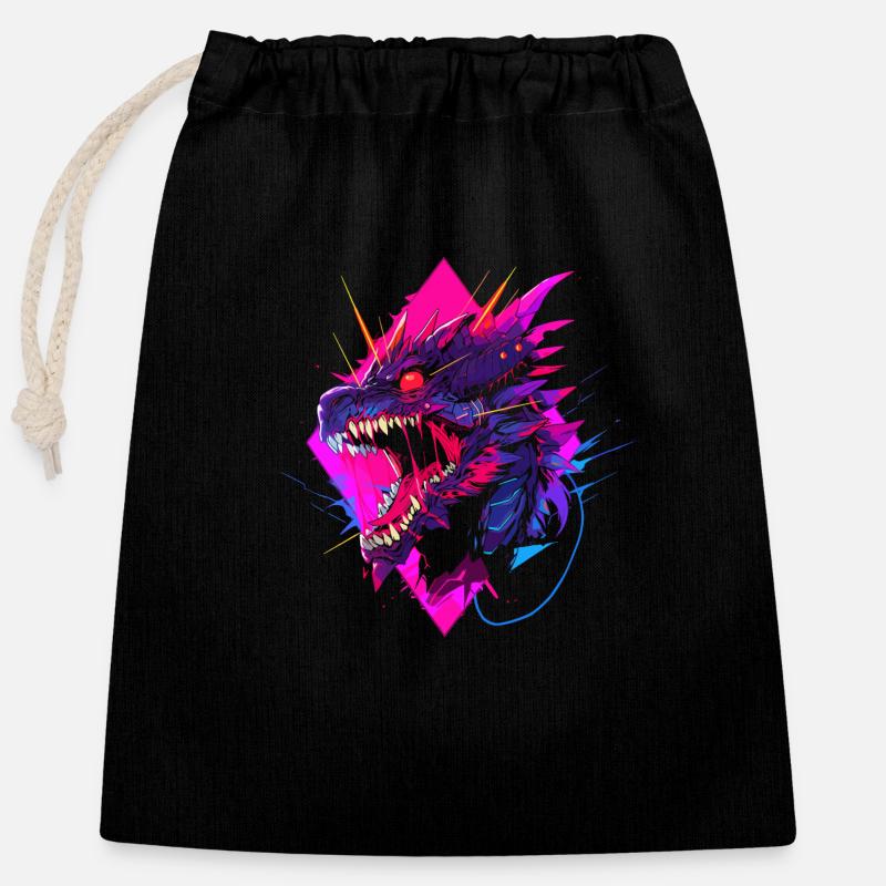 Synthwave Dragon - Closable cotton gift bag (25x30cm) - black