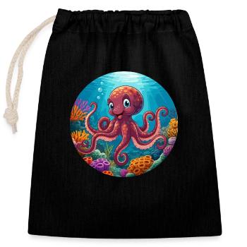 Oktopus in der Koralle - Verschließbarer Geschenkbeutel aus Baumwolle (25x30cm) - Schwarz - Vorne