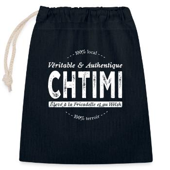 Véritable et authentique Chtimi - Sac cadeau en coton avec cordon (25 x 30 cm) - bleu marine - Devant