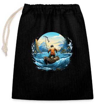 Pêche, Pêcheur, Bateau, Eau, Poisson, Nature, Montagnes - Sac cadeau en coton avec cordon (25 x 30 cm) - noir - Devant