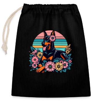 Doberman Retro Pastel Fleurs Fleurs - Sac cadeau en coton avec cordon (25 x 30 cm) - noir - Devant