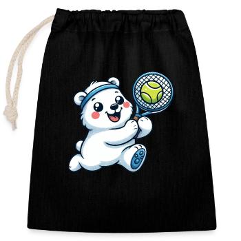 Eisbär Tennisspieler - Lustiger Comic-Spaß auf dem - Verschließbarer Geschenkbeutel aus Baumwolle (25x30cm) - Schwarz - Vorne
