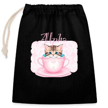 katze in tasse,katze, tasse,alpha, rosa, rosen - Verschließbarer Geschenkbeutel aus Baumwolle (25x30cm) - Schwarz - Vorne