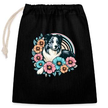 Border Collie Rétro Pastel Floral Bleu Merle - Sac cadeau en coton avec cordon (25 x 30 cm) - noir - Devant
