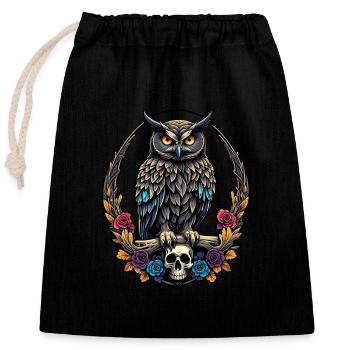 Hibou décoratif avec crâne et pétales de rose - Sac cadeau en coton avec cordon (25 x 30 cm) - noir - Devant