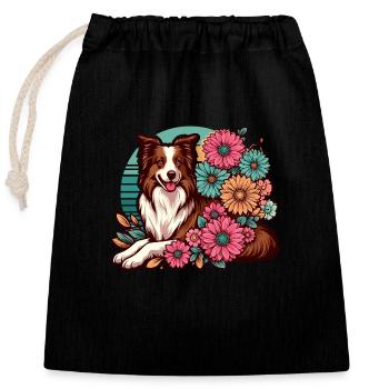 Border Collie Rétro Pastel Floral Rouge Marron - Sac cadeau en coton avec cordon (25 x 30 cm) - noir - Devant
