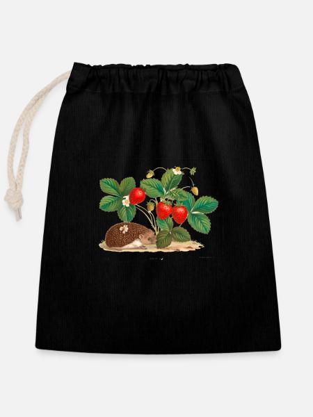 fraises, vintage, rétro, dessin, hérisson - Sac cadeau en coton avec cordon (25 x 30 cm) - noir