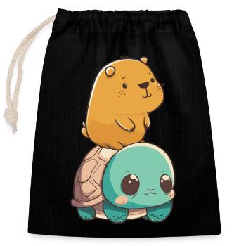 Bébé Capybara monte sur bébé tortue - Sac cadeau en coton avec cordon (25 x 30 cm) - noir - Devant