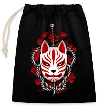Japan Kitsune - Walddämon Maske - Verschließbarer Geschenkbeutel aus Baumwolle (25x30cm) - Schwarz - Vorne