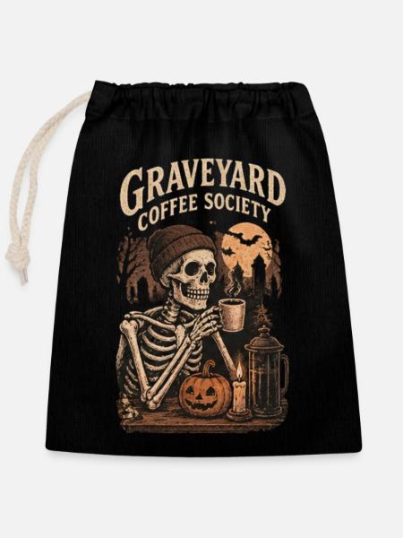 Graveyard Coffee Society – Halloween Skeleton - Verschließbarer Geschenkbeutel aus Baumwolle (25x30cm) - Schwarz