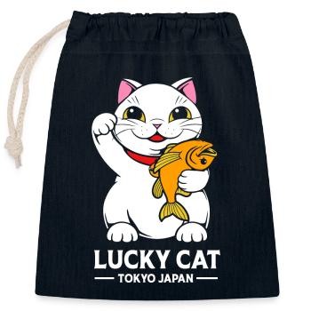 Maneki Neko Japan Glücksbringer - Verschließbarer Geschenkbeutel aus Baumwolle (25x30cm) - Navy - Vorne
