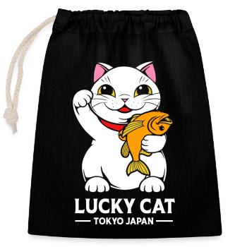 Maneki Neko Japan Glücksbringer - Verschließbarer Geschenkbeutel aus Baumwolle (25x30cm) - Schwarz - Vorne