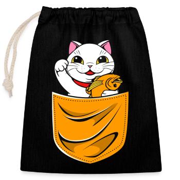 Maneki Neko Japan Glücksbringer - Verschließbarer Geschenkbeutel aus Baumwolle (25x30cm) - Schwarz - Vorne