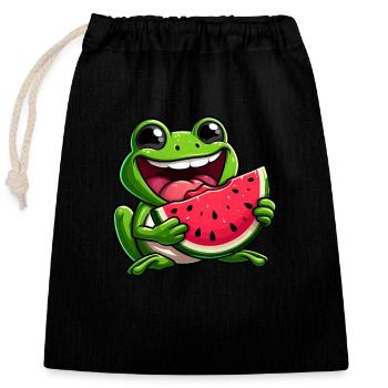 Funny Frog Watermelon Summer Fruit Design - Closable cotton gift bag (25x30cm) - black - Front