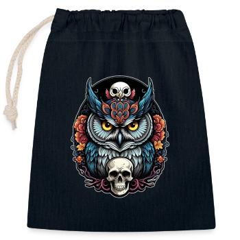 Hibou décoratif avec crâne et pétales de rose - Sac cadeau en coton avec cordon (25 x 30 cm) - bleu marine - Devant
