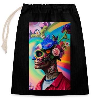 ARTWORK Flower Skull Head Guy - Verschließbarer Geschenkbeutel aus Baumwolle (25x30cm) - Schwarz - Vorne