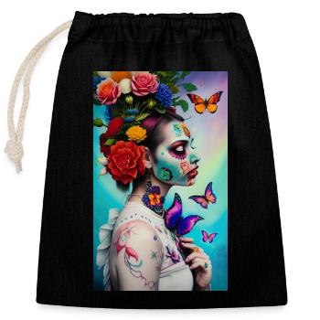 ARTWORK Flower Power Girl - Closable cotton gift bag (25x30cm) - black - Front
