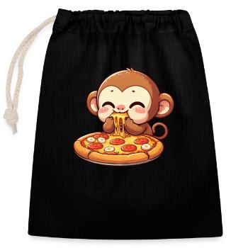 Chimpanzé mangeant de la pizza et du fromage - Sac cadeau en coton avec cordon (25 x 30 cm) - noir - Devant