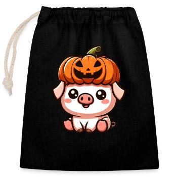 Cute cartoon Halloween pig with pumpkin - Closable cotton gift bag (25x30cm) - black - Front