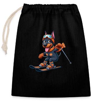 Doberman on skis - winter holiday in comic style - Closable cotton gift bag (25x30cm) - black - Front