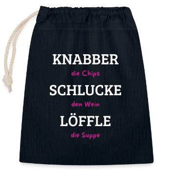 Knabber Chips, Schluck Wein, Löffle Suppe - Verschließbarer Geschenkbeutel aus Baumwolle (25x30cm) - Navy - Vorne