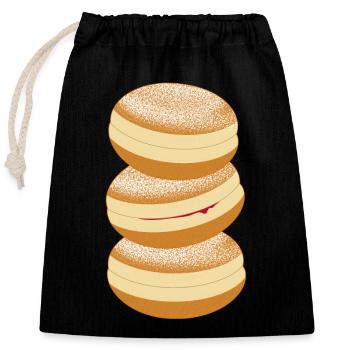 Drei Faschings Krapfen mit Puderzucker & Marmelade - Verschließbarer Geschenkbeutel aus Baumwolle (25x30cm) - Schwarz - Vorne
