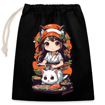 Kawaii Anime Sushi Kemomimi Master with Cat - Closable cotton gift bag (25x30cm) - black - Front