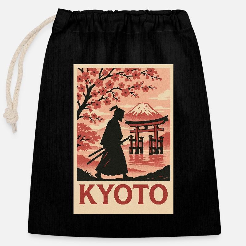 Silhouette de samouraï de Kyoto et de cerisiers en fleurs - Sac cadeau en coton avec cordon (25 x 30 cm) - noir