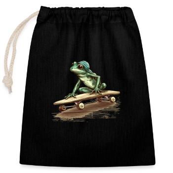 Cooler Frosch mit Kappe fährt Skateboard - Verschließbarer Geschenkbeutel aus Baumwolle (25x30cm) - Schwarz - Vorne