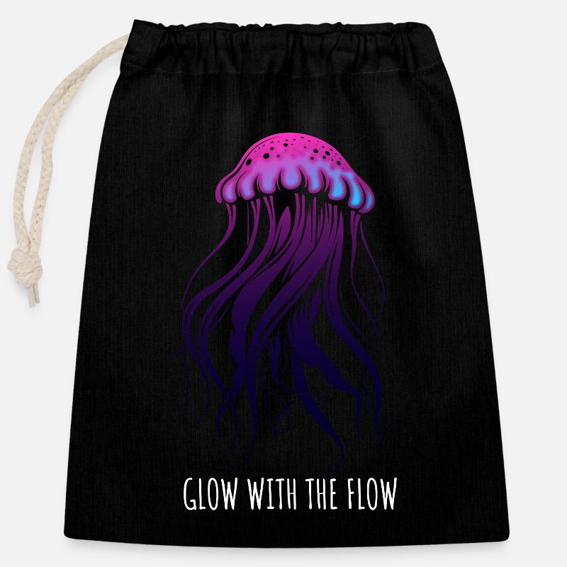 Glow With The Flow, Jellyfish with Tentacles, Saying - Closable cotton gift bag (25x30cm) - black