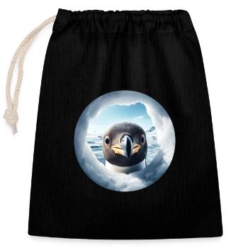 Pingouin regarde à travers le trou, paysage de neige - Sac cadeau en coton avec cordon (25 x 30 cm) - noir - Devant