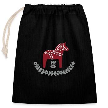 Dala Horse with Flower Arch – Nordic Folk Design - Closable cotton gift bag (25x30cm) - black - Front