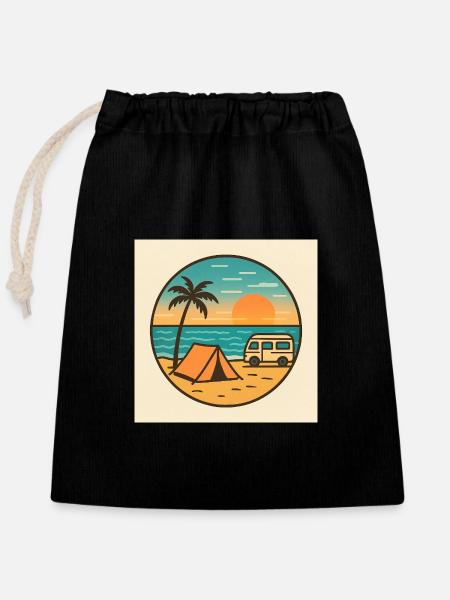 Beach Sunset with Tent - Closable cotton gift bag (25x30cm) - black