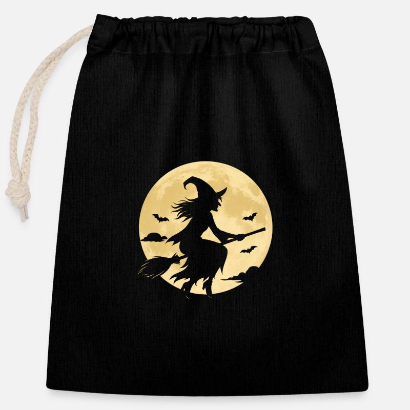 Sorcière au clair de lune sur balai - Sac cadeau en coton avec cordon (25 x 30 cm) - noir