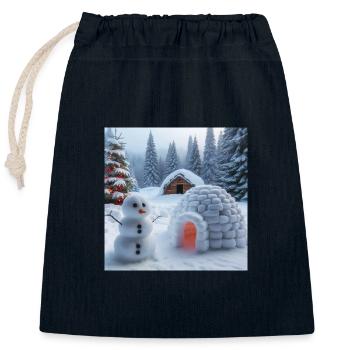 Paysage d’hiver avec bonhomme de neige et igloo - Sac cadeau en coton avec cordon (25 x 30 cm) - bleu marine - Devant