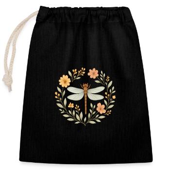 Blumiger Libellenkranz - Verschließbarer Geschenkbeutel aus Baumwolle (25x30cm) - Schwarz - Vorne